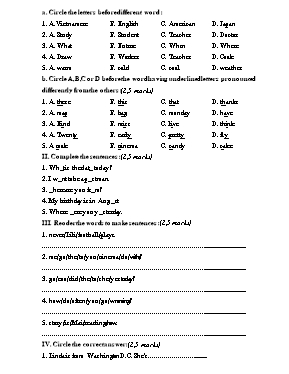 Đề thi học sinh giỏi môn Tiếng Anh 5